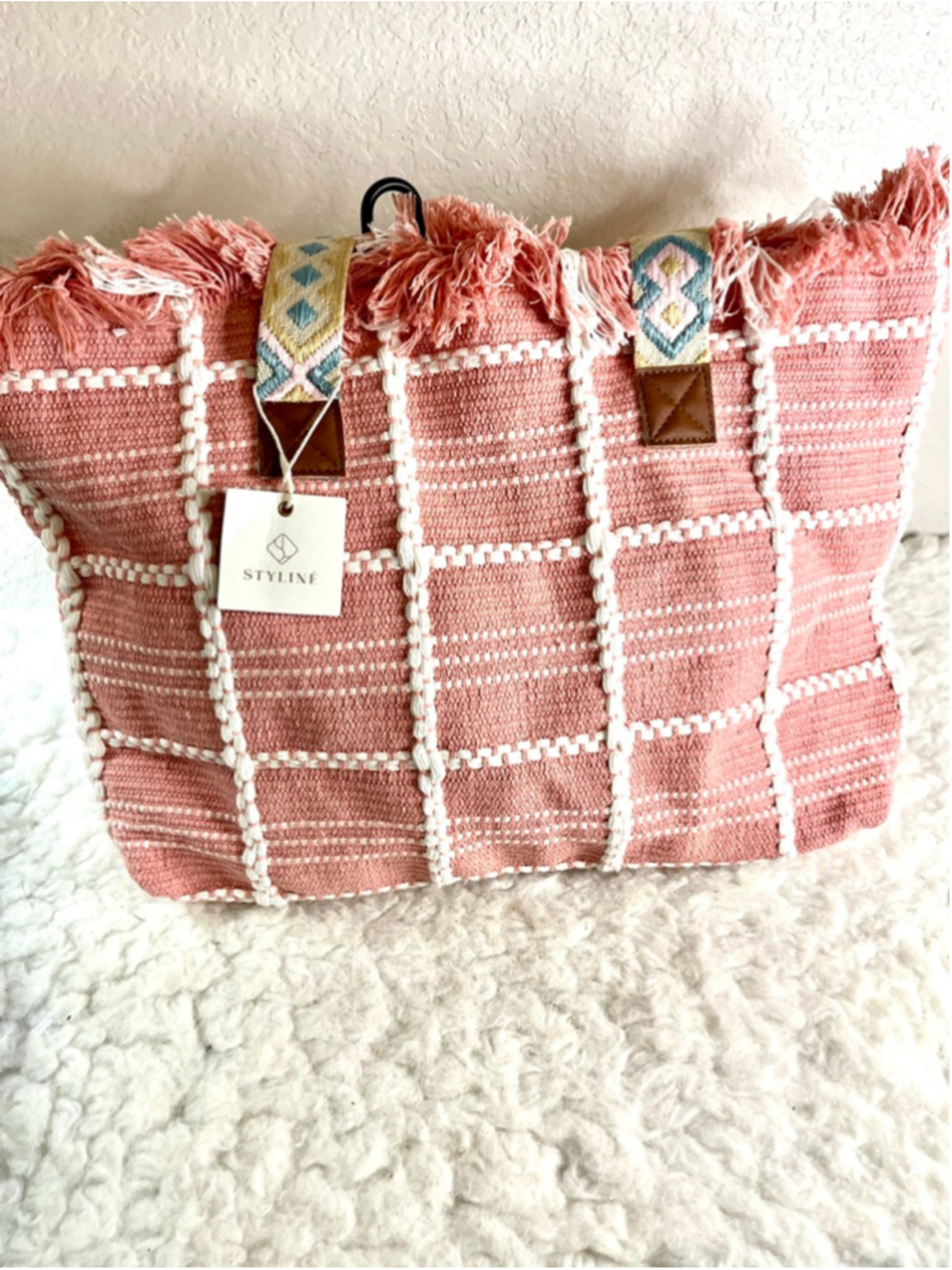NWT Styliné branded fringe tote bag featuring a pink checkered pattern.
